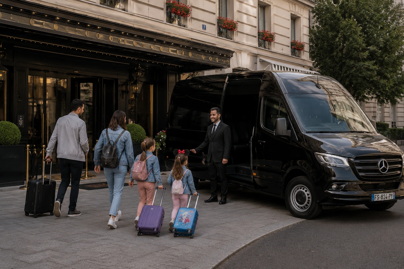 Groupe familial montant dans un Sprinter privé pour un transfert vers Disneyland Paris