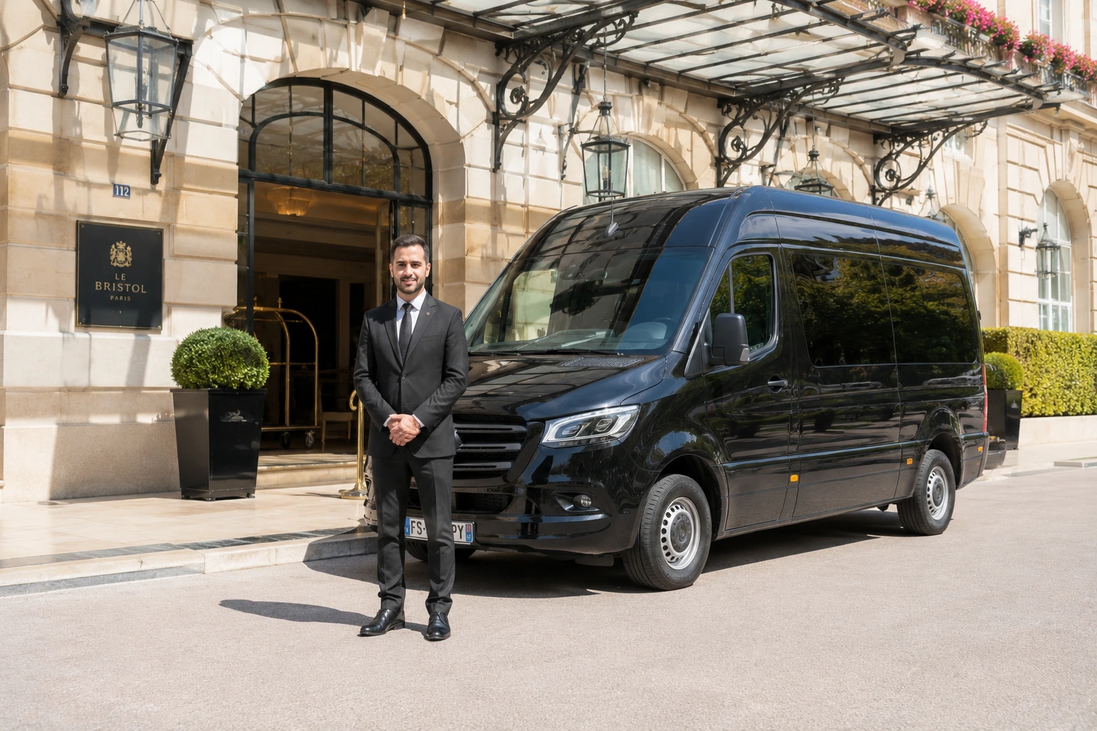 Chauffeur professionnel à côté d'un Sprinter privé pour transfert groupe vers Disneyland Paris