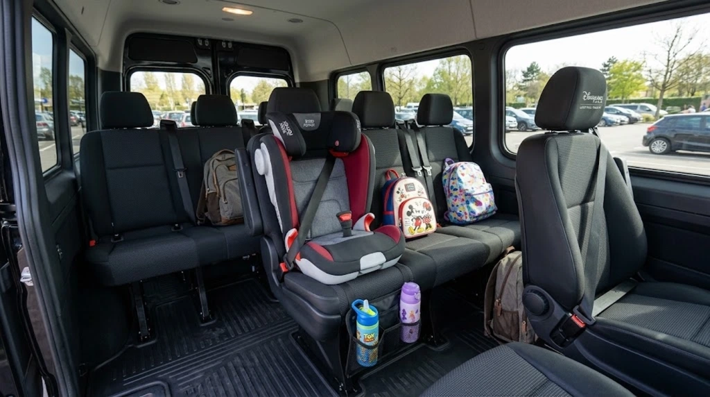 Intérieur spacieux d'un Sprinter privé pour transfert groupe vers Disneyland Paris